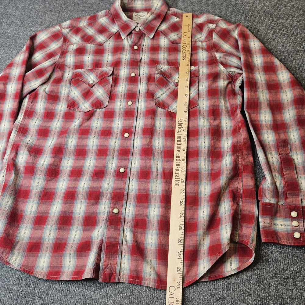 Lucky Brand Dungarees  Mens Pearlsnap Plaid L/S Shirt Size Large Red Western